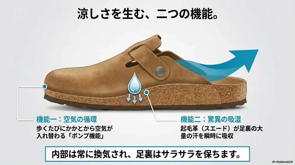 かかとから空気が入れ替わるポンプ機能と、スエードの起毛革が大量の汗を瞬時に吸収する驚異の吸湿機能を図解。 