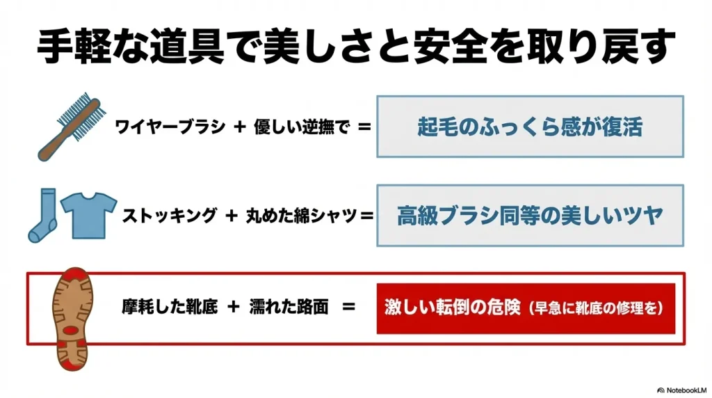 ワイヤーブラシで起毛の復活、ストッキングと綿シャツでツヤ出し、摩耗した靴底と濡れた路面による転倒の危険性を警告する図
