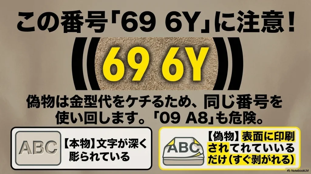 偽造業者が使い回す危険なバッチコード「696Y」と「09A8」への警告 。本物は文字が深く彫られているのに対し、偽物は表面に印刷されているだけで剥がれやすい違いの図解 。