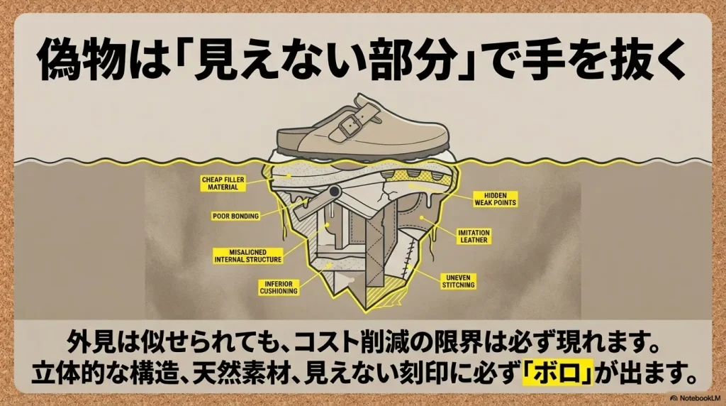コスト削減の手抜きを見抜く鑑定ポイント 。偽造品が内部構造やクッションなどの見えない部分で手を抜いていることを示す断面図 。