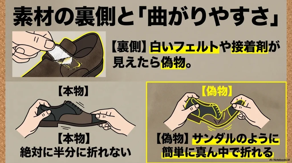 サンダルのように簡単に真ん中で折れる偽物と、半分に折れない本物の屈曲テストの比較 。裏側に白いフェルトや接着剤が見えたら偽物という解説 。