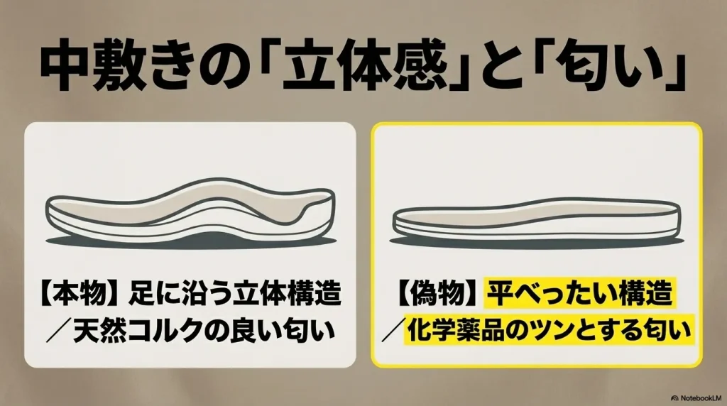本物の足に沿う立体構造と天然コルクの良い匂いに対し、偽物は平べったい構造で化学薬品のツンとする匂いがする比較図 。