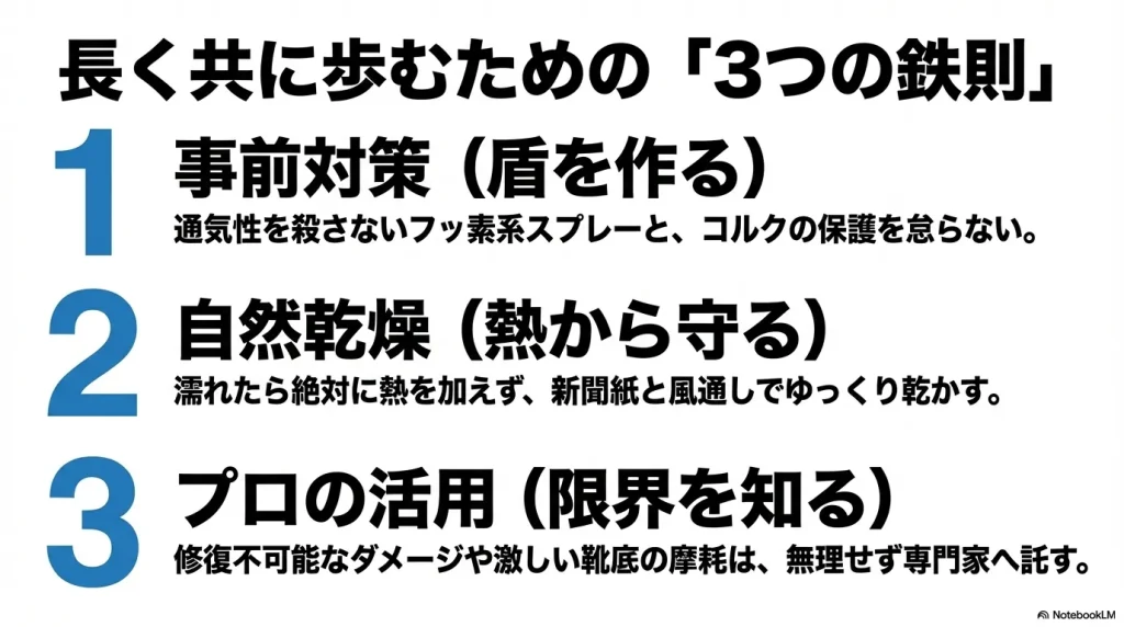 1.事前対策（盾を作る）、2.自然乾燥（熱から守る）、3.プロの活用（限界を知る）という3つの鉄則のまとめ