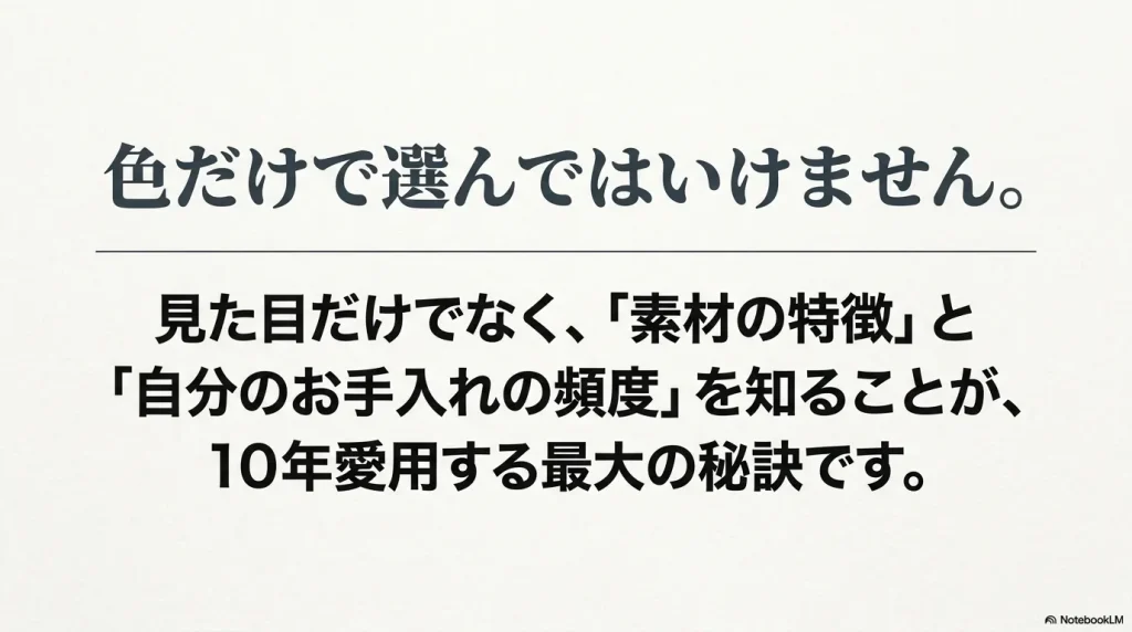 色だけで選んではいけません。見た目だけでなく素材の特徴と自分のお手入れの頻度を知ることが10年愛用する秘訣ですというメッセージ