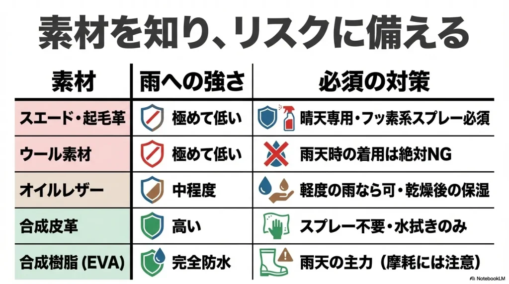 スエードやEVAなど素材別の雨への強さと、防水スプレーなどの必須対策をまとめた一覧表