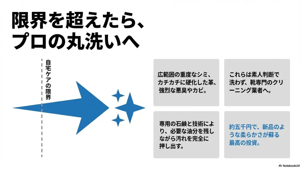 広範囲のシミや硬化、強烈な悪臭やカビなど自宅ケアの限界を超えた状態は、プロの専用の石鹸と技術による丸洗いへ託すという提案 