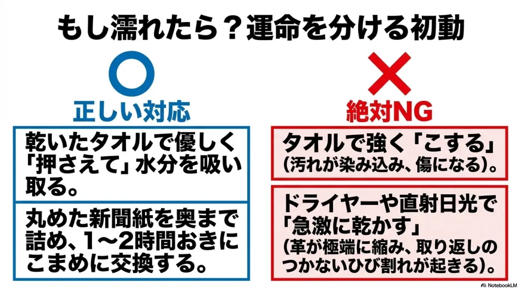 正しい対応（乾いたタオルで優しく押さえて吸水、新聞紙を詰める）と絶対NG行動（タオルで強くこする、ドライヤー等で急激に乾かす）の比較