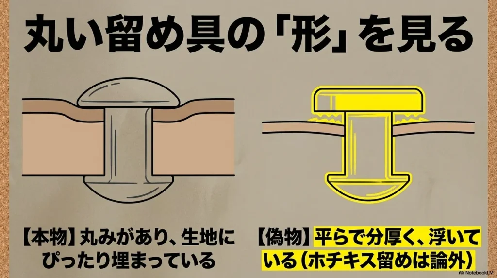 丸みがあり生地にぴったり埋まっている本物の留め具と、平らで分厚く浮いている偽物の留め具の形状比較 。