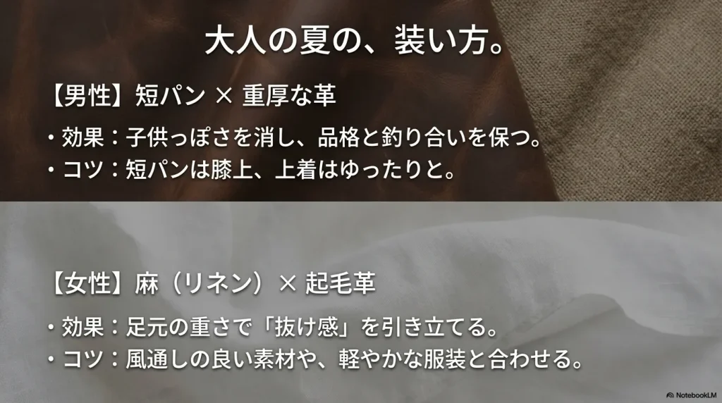 男性の短パンと重厚な革、女性の麻（リネン）と起毛革という、ボストンを使った大人の夏の装い方と着こなしのコツ。