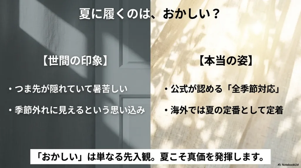 つま先が隠れていて暑苦しいという世間の印象に対し、公式が全季節対応と認め、海外では夏の定番となっている本当の姿を解説した図解。 