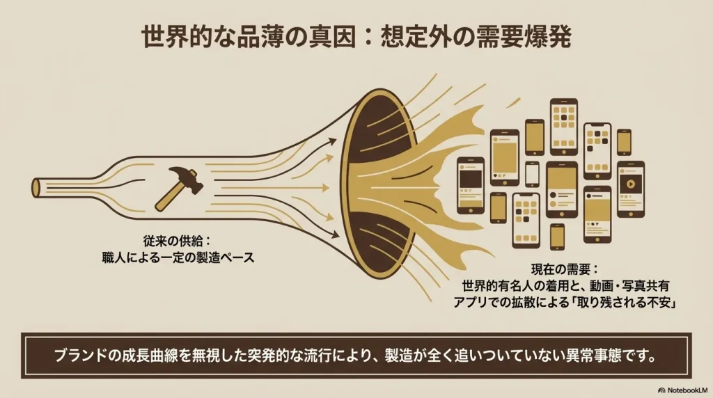 : 職人による一定の製造ペースに対し、世界的有名人の着用やSNSアプリでの拡散による需要爆発が製造を上回っている状況を示す図解