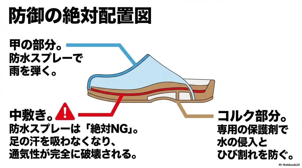 ボストンの断面図。甲は防水スプレーで雨を弾く、中敷きは防水スプレー絶対NG、コルク部分は専用保護剤で守るという防御の配置図