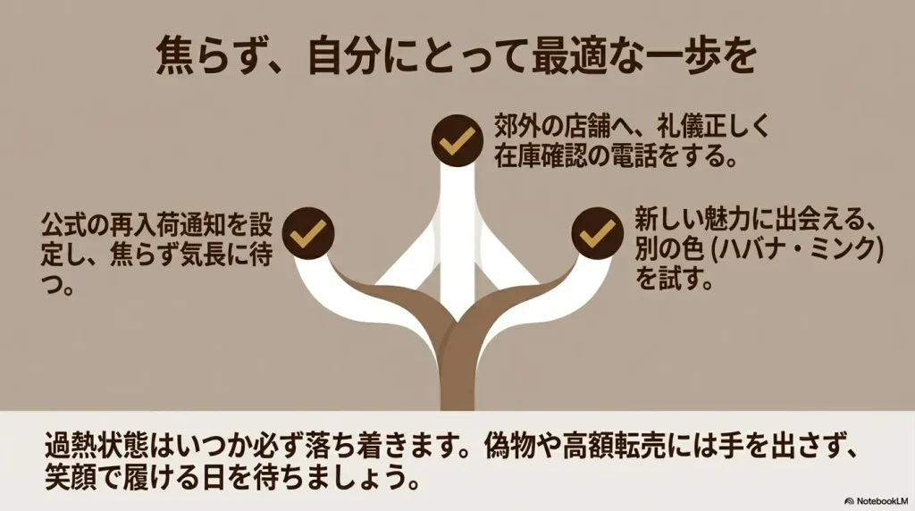 公式通知を待つ、郊外店舗へ確認する、別の色を試すという3つの選択肢を提示し、過熱状態が落ち着くのを待つよう促すスライド