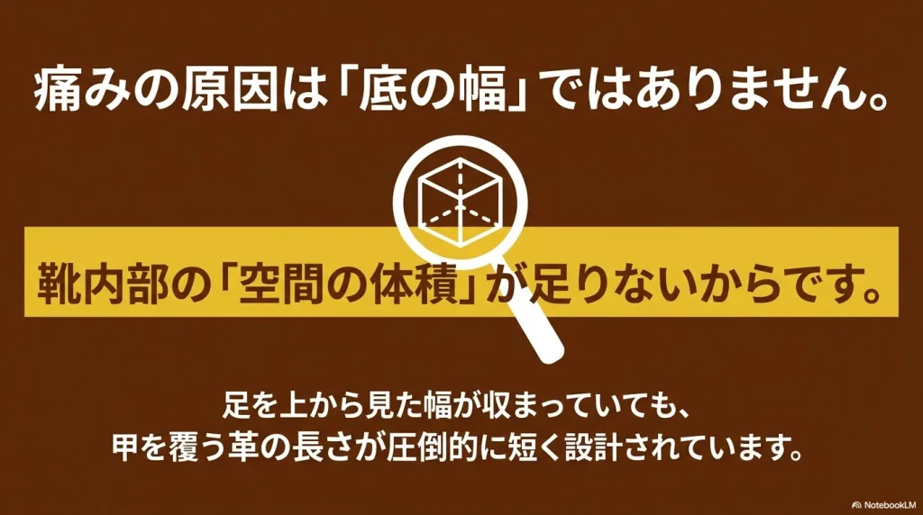 ビルケンシュトックのナロー幅がきつい原因が底の幅ではなく靴内部の空間体積の不足であることを示す図解