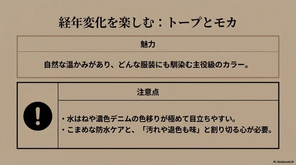 水はねや濃色デニムの色移りが目立ちやすいという注意喚起アイコンと、経年変化を楽しむトープとモカの魅力
