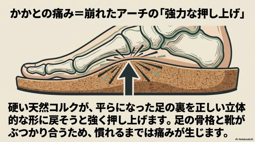 硬い天然コルクが平らになった足の裏のアーチを正しい立体的な形に戻そうと強力に押し上げる図解