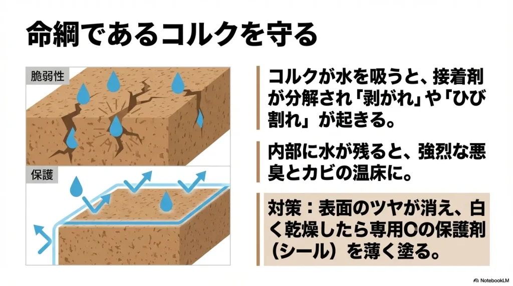 コルクが水を吸って接着剤が分解されひび割れが起きる脆弱性の図と、専用の保護剤を塗って水を弾く保護状態の比較イラスト