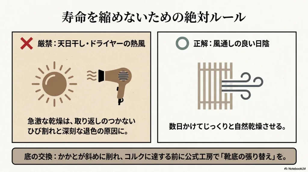 天日干しやドライヤーの熱風は寿命を縮めるため厳禁であり、風通しの良い日陰で乾燥させることを推奨するイラスト
