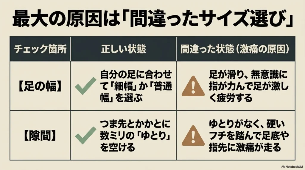 足の幅の合わせ方や隙間の空け方など、激痛の原因となる間違ったサイズ選びのチェック項目一覧表