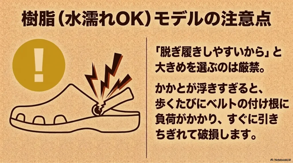 脱ぎ履きしやすいからと大きめを選ぶと、かかとが浮いてベルトの付け根に負荷がかかり破損する注意点 