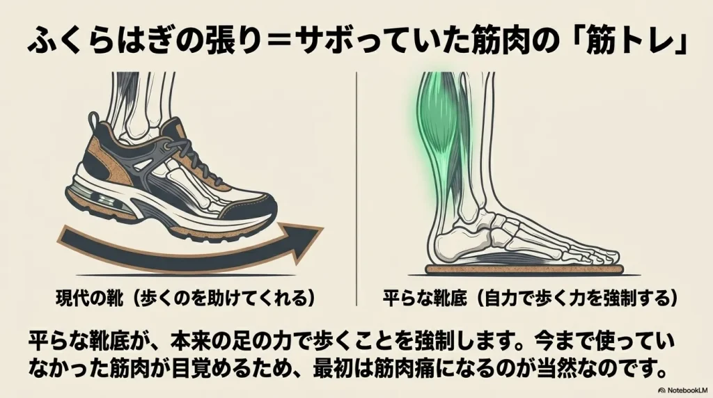 平らな靴底が本来の歩く力を強制し、今まで使っていなかったふくらはぎの筋肉が筋トレ状態になる仕組み