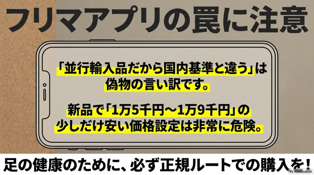 新品で1万5千円から1万9千円という少しだけ安い価格設定で販売されている偽物への警告 。並行輸入品だから国内基準と違うというのは偽物の言い訳であるという解説 。