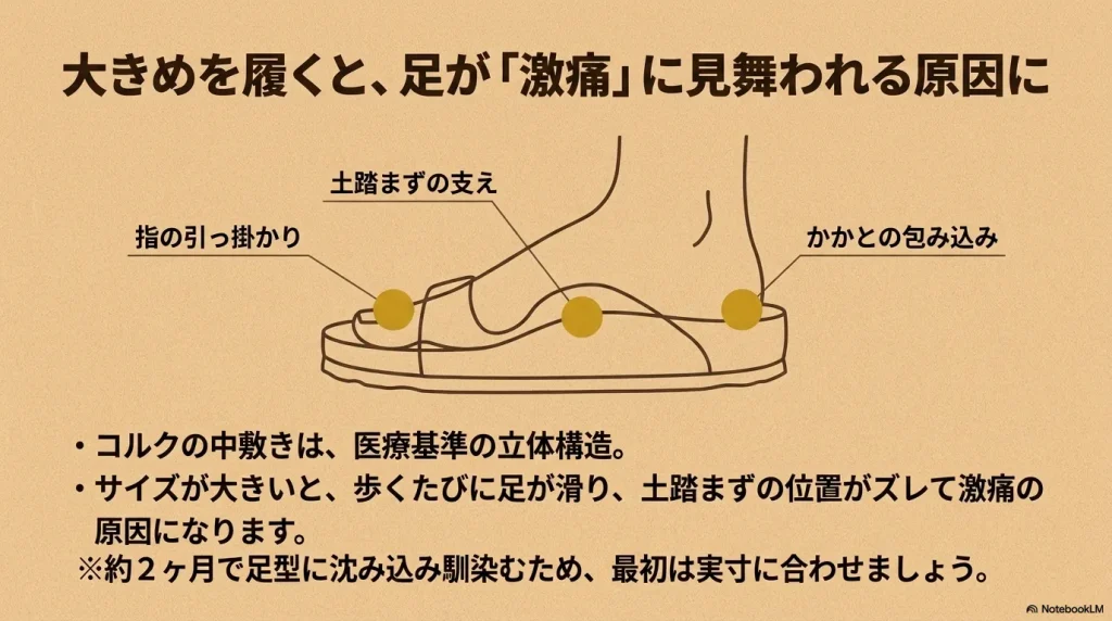 土踏まずの支え、指の引っ掛かり、かかとの包み込みなど、医療基準の立体構造を持つコルク中敷き