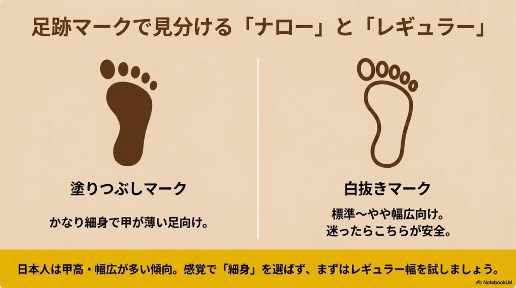 ビルケンシュトックのインソールに印字されている、塗りつぶしマーク（ナロー幅）と白抜きマーク（レギュラー幅）の違い