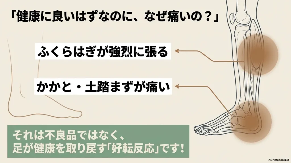 ふくらはぎの張りやかかとの痛みは不良品ではなく、足が健康を取り戻す好転反応であることを示すスライド