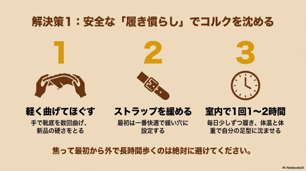 靴底を曲げてほぐす、ストラップを緩める、室内で短時間履くという、コルクを沈めるための安全な履き慣らし手順