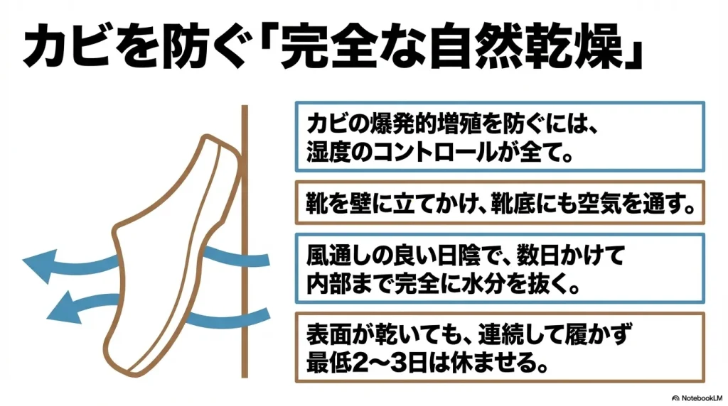 カビの爆発的増殖を防ぐため、靴を壁に立てかけて靴底にも空気を通し、風通しの良い日陰で数日かけて自然乾燥させる方法