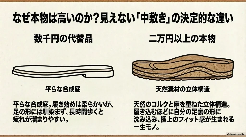 代替品の平らな合成底と、足に馴染んでフィットする天然素材の立体構造（フットベッド）の比較