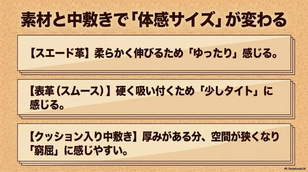 柔らかいスエード革、硬い表革、クッション入り中敷きによる窮屈さなど、それぞれの体感サイズの違い