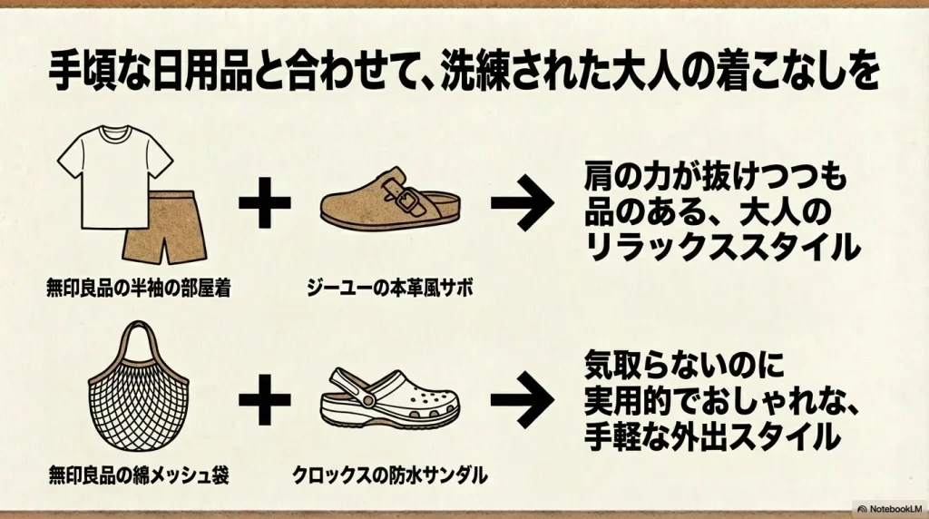 無印良品の部屋着やメッシュ袋にジーユーやクロックスのサンダルを合わせた着こなし例