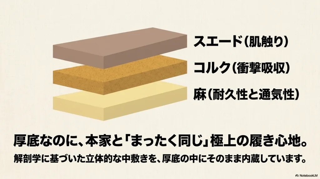 パピリオの厚底サンダルに内蔵されているフットベッドの素材。肌触りの良いスエード、衝撃吸収するコルク、耐久性と通気性のある麻の層構造