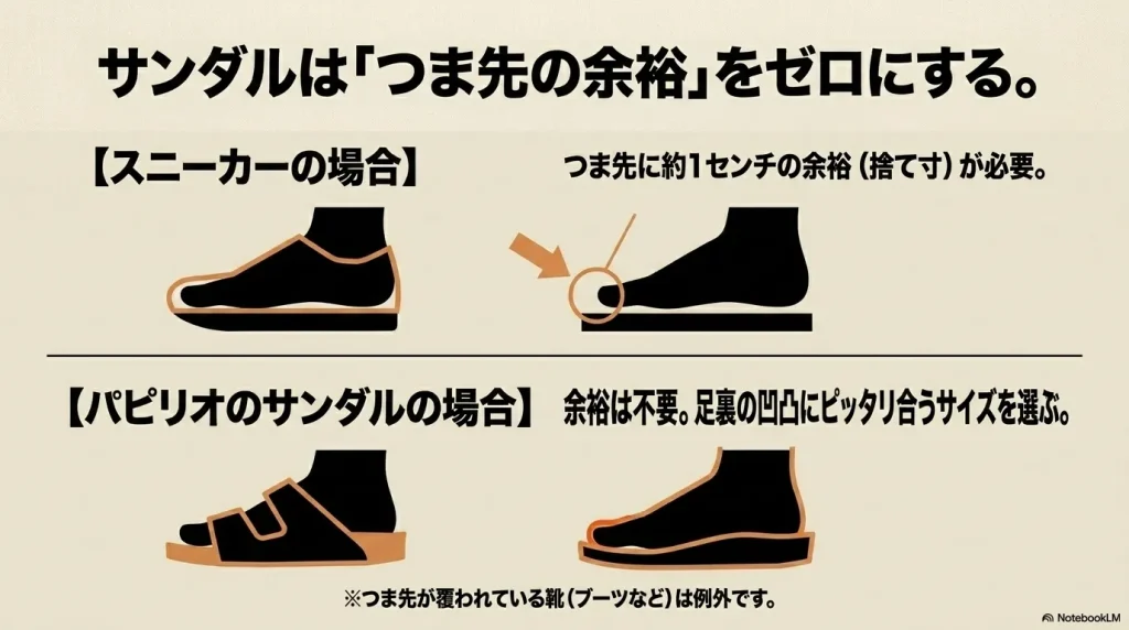 スニーカーには約1センチの捨て寸が必要だが、パピリオのサンダルはつま先の余裕をゼロにして足裏の凹凸にピッタリ合うサイズを選ぶ