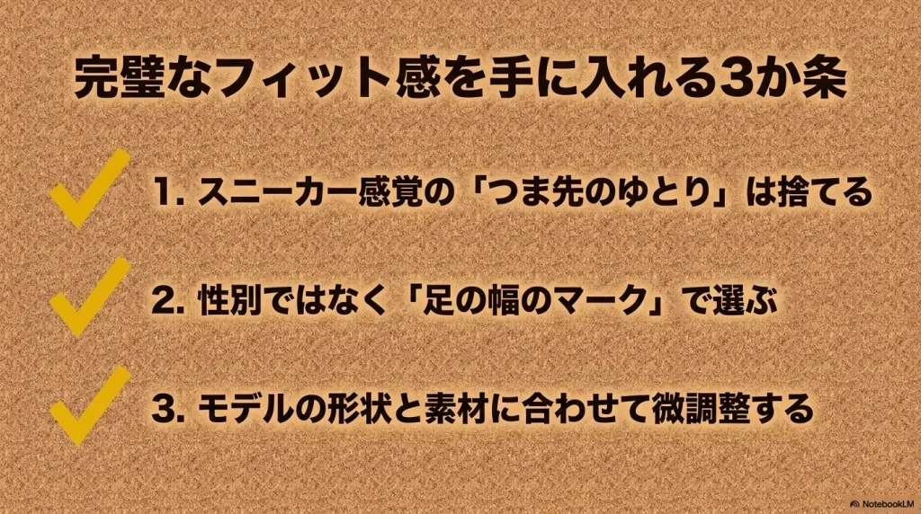 つま先のゆとりを捨てる、足の幅のマークで選ぶ、モデルの形状と素材に合わせて微調整する3か条