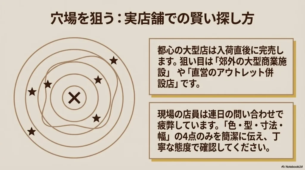 都心の大型店を避け、郊外の大型商業施設やアウトレット併設店を狙う賢い探し方を解説したレーダー状の図解