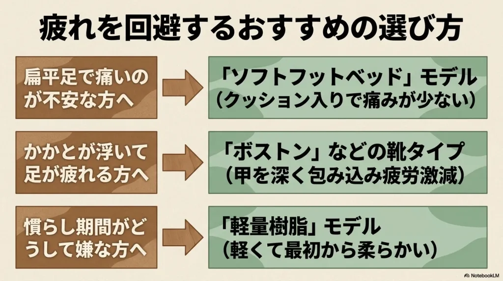 扁平足にはソフトフットベッド、かかとが浮く方にはボストン、慣らし期間が嫌な方には軽量樹脂モデルを提案するフローチャート