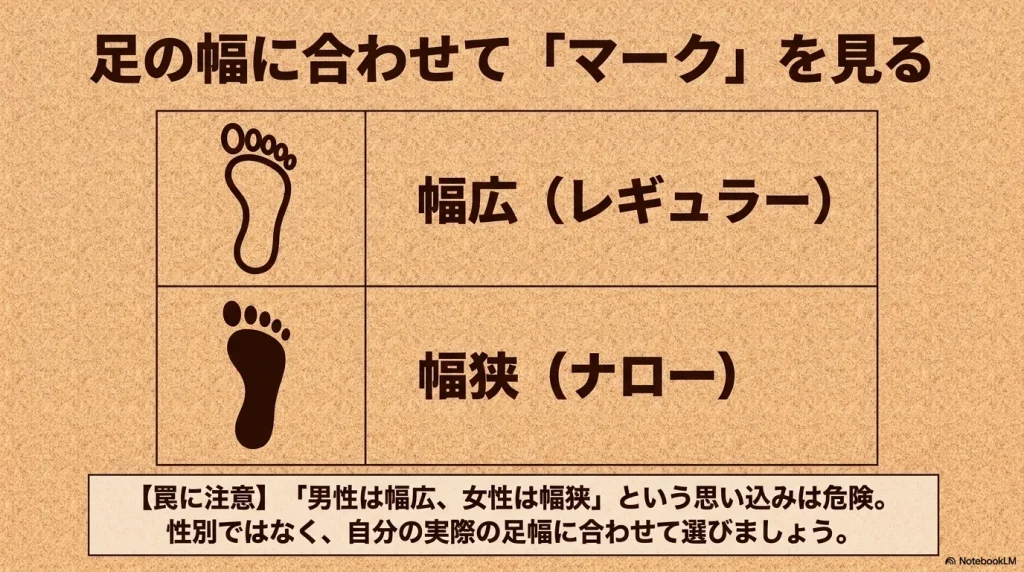 男性は幅広、女性は幅狭という思い込みを避け、実際の足幅に合わせて選ぶためのレギュラーとナローのマークの違い