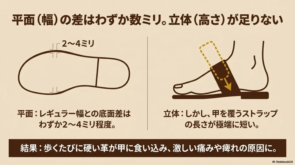 ナロー幅とレギュラー幅の底面の差はわずか2〜4ミリだが、甲を覆うストラップの長さが極端に短くなることを説明した図