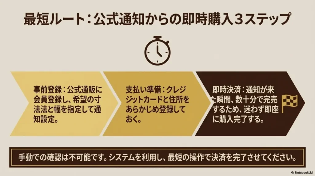 公式通販への事前登録、支払い準備、通知からの即時決済という、ストップウォッチのアイコンと共に即時購入の最短ルートを解説したスライド
