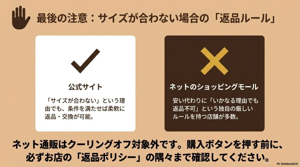 返品交換に柔軟な公式サイトと、いかなる理由でも返品不可とする店舗が多いネットモールでの返品ルールの比較