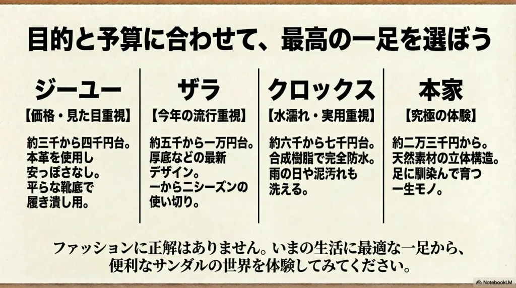 ジーユー、ザラ、クロックス、本家の価格帯や特徴をまとめた目的別の靴選び比較表