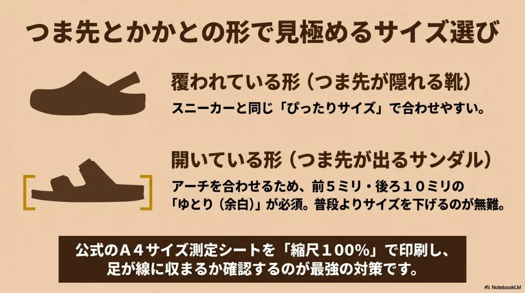 つま先が覆われているモデル（ぴったりサイズ）と開いているサンダル（前後にゆとりが必要）の選び方の違い