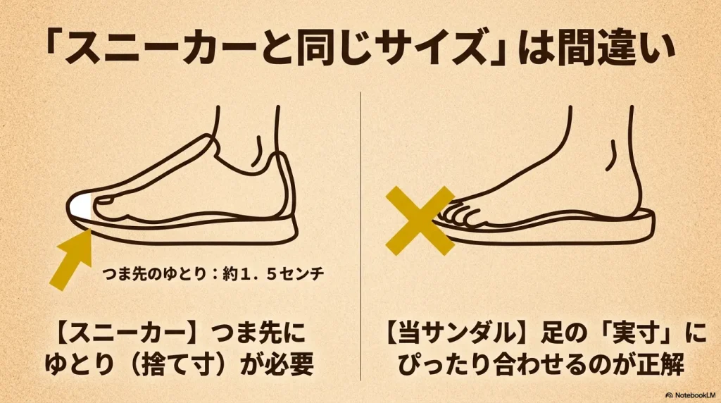  スニーカーに必要なつま先のゆとり約1.5センチと、実寸にぴったり合わせるビルケンシュトックの違い 