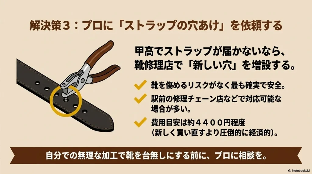 甲高でストラップが届かない場合に、靴修理店で専用工具を使って新しい穴を増設しているイラスト