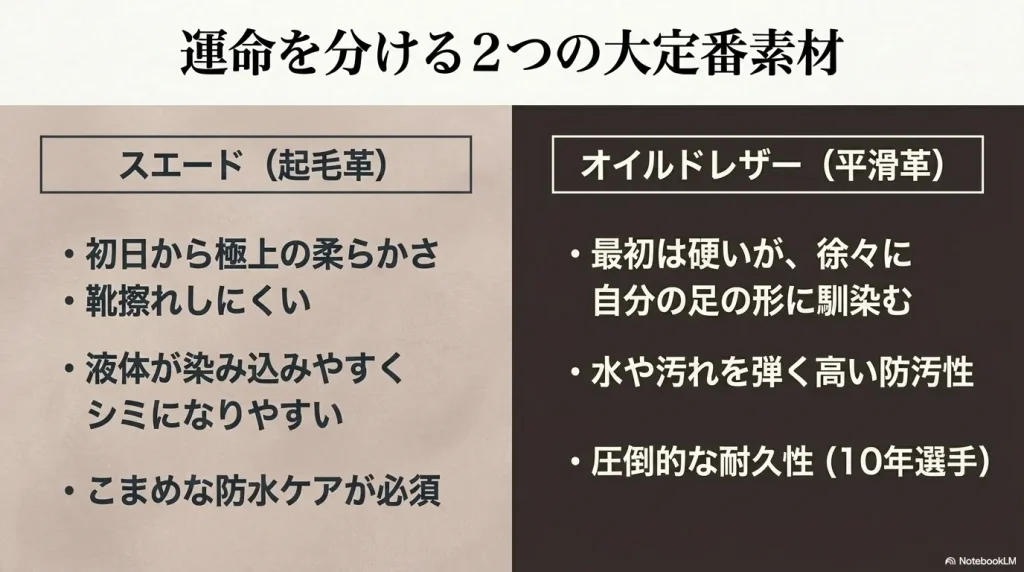 スエード（起毛革）とオイルドレザー（平滑革）の履き心地や防汚性、耐久性のメリットとデメリットを比較した解説スライド
