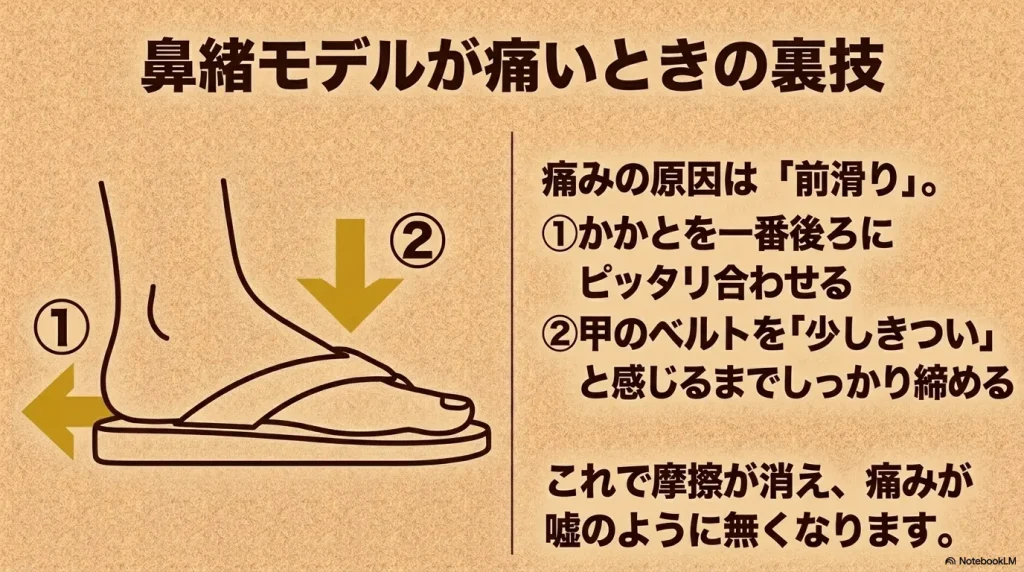 痛みの原因である前滑りを防ぐため、かかとを一番後ろに合わせ、甲のベルトをしっかり締める裏技
