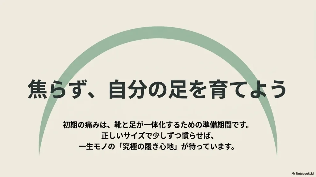 初期の痛みは準備期間であり、正しいサイズで少しずつ慣らせば究極の履き心地が待っているというメッセージ